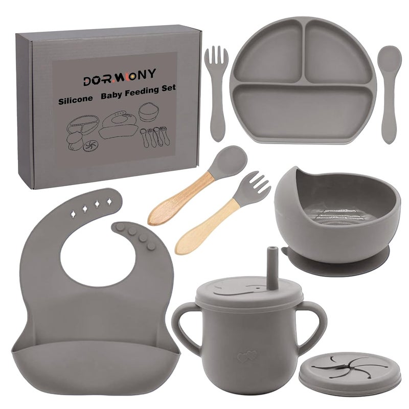 Dormlony 100% Silicone baby feeding set,BPA free Baby dishes set with Suction Bowl Divided Plate,Toddler Self Feeding Dish Set with Spoons Forks Sippy Cup And Bib, Baby Eating Utensils (Light Brown) - Image 1